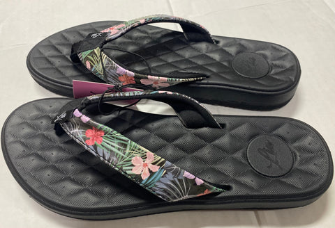 Lia Women’s Black With Tropical Strap Flip Flops Sandals