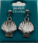 Scallop Seashell Silver Overlay Stud Hanging Earrings