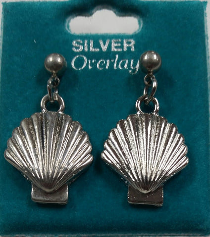 Scallop Seashell Silver Overlay Stud Hanging Earrings